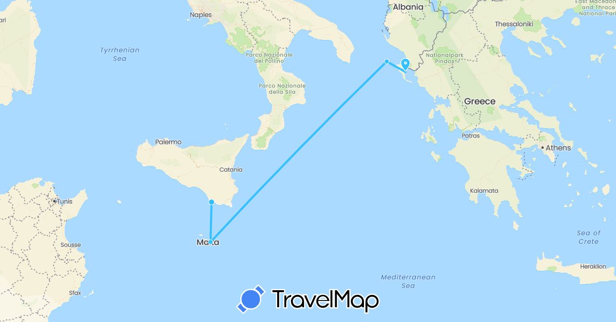 TravelMap itinerary: driving, boat in Greece, Italy, Malta (Europe)